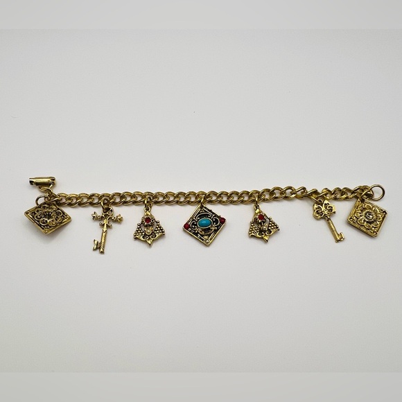 Jewelry - Vintage-Inspired Gold Charm Bracelet with Key and Gem Accents